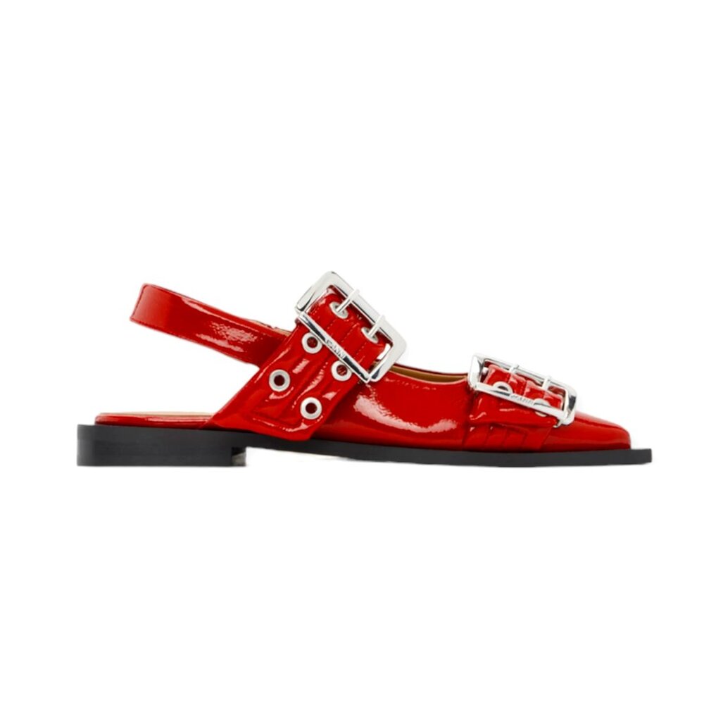 NIB GANNI Red Feminine Buckle Ballerinas, Size 8
